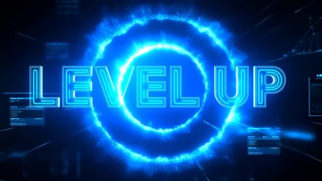 Zooming in shot of glowing level up text with expanding electric energy ring and particle burst in futuristic holographic user interface background for gaming branding