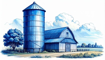 Obraz premium Blue vintage farm barn and silo tower illustration in engraving style. Rural countryside landscape drawing with clouds and trees isolated on white. Agricultural heritage concept.