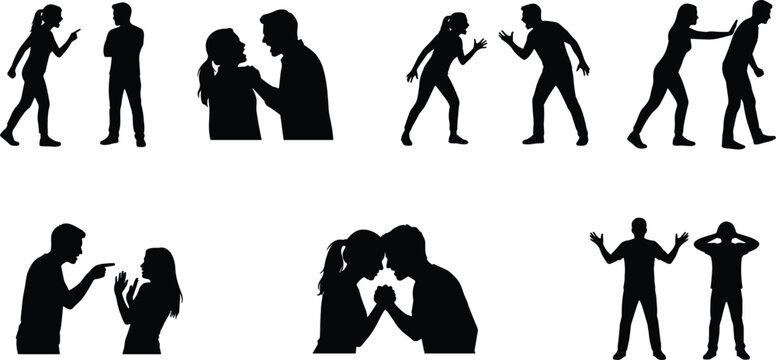 Silhouettes of people arguing, fighting, and interacting in various confrontational and emotional poses