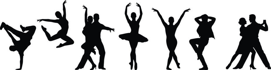 Silhouettes of eight ballet dancers in various poses, black on white background © Mst