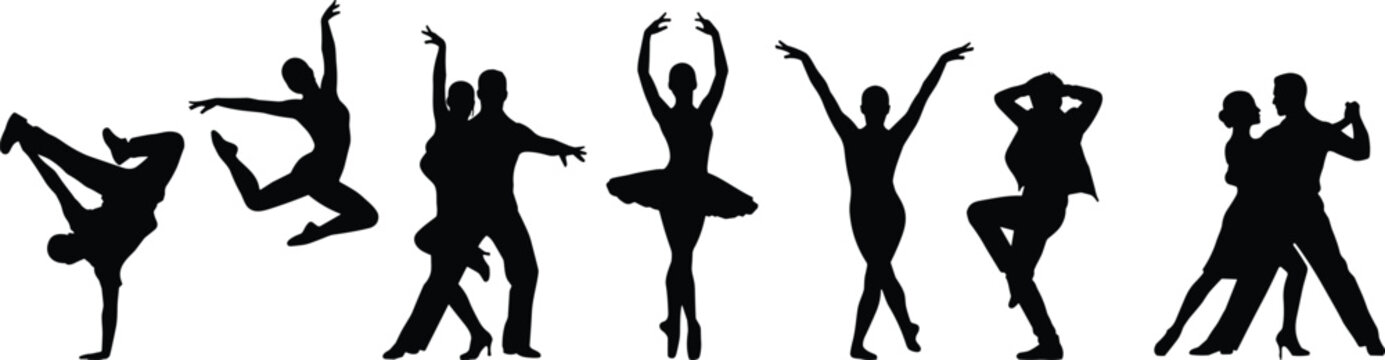 Silhouettes of eight ballet dancers in various poses, black on white background