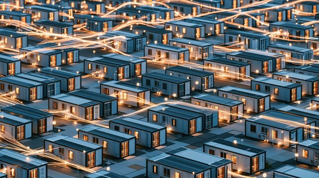 Neon-lit Modular Housing Complex at Night