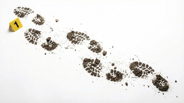 Crime scene investigation concept with dirty boot prints on white background. Forensic evidence marking with a yellow number one tag next to muddy shoe sole textures.