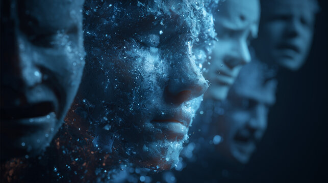 Surreal conceptual illustration of human emotions, psychological masks, identity, mental health, hidden feelings and emotional expression. Futuristic abstract artwork representing personality, 