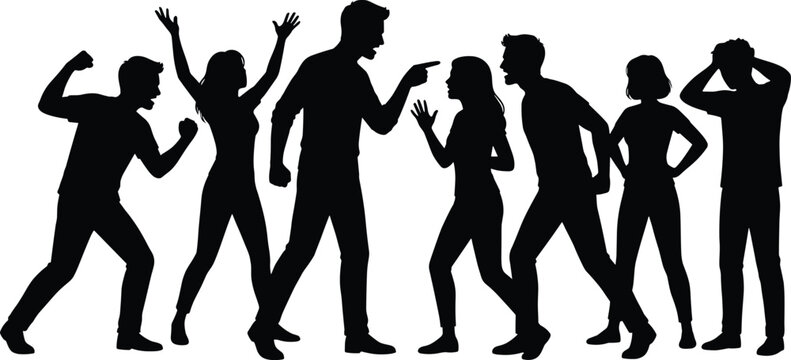 Silhouette of seven people in various poses, arguing and reacting silhouettes black white background