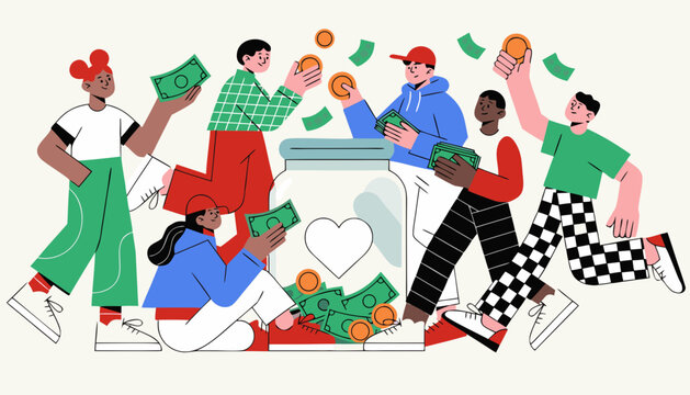 International charity concept with diverse people donating money into a transparent jar, surrounded by cash and coins, illustrating community support and generosity