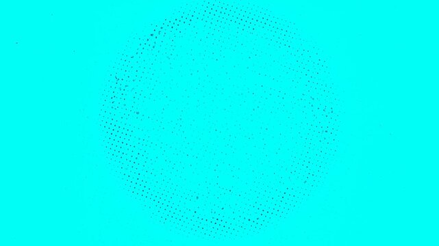 Zoom out of dotted halftone circle pattern pulsing and rotating across teal abstract background with radial movement and subtle shift