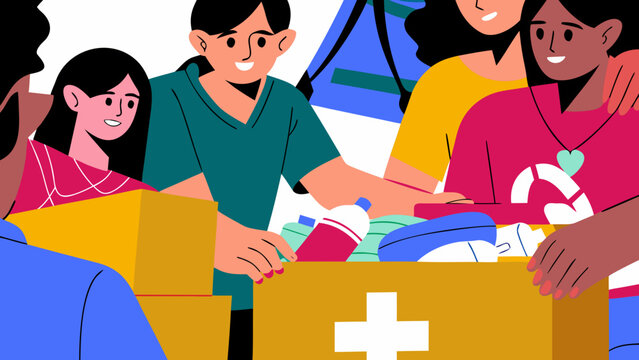 International Day of Charity concept illustration featuring diverse individuals packing supplies into boxes with a first aid symbol, emphasizing community support and collaboration