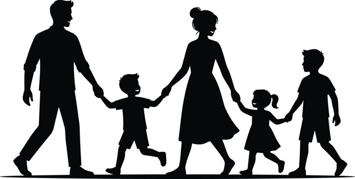 Silhouette of a family of five walking together, holding hands black white background