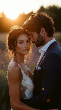 A man in a dark suit and a woman in a white wedding dress share a tender embrace in a vibrant lavender field. The couple is bathed in the warm, soft glow of the golden hour sunset