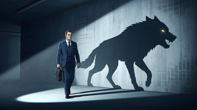 Businessman with Dangerous Wolf Shadow on Wall