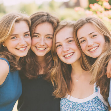 Four happy young women smiling close together, embracing, and enjoying friendship outdoors in summer sunshine