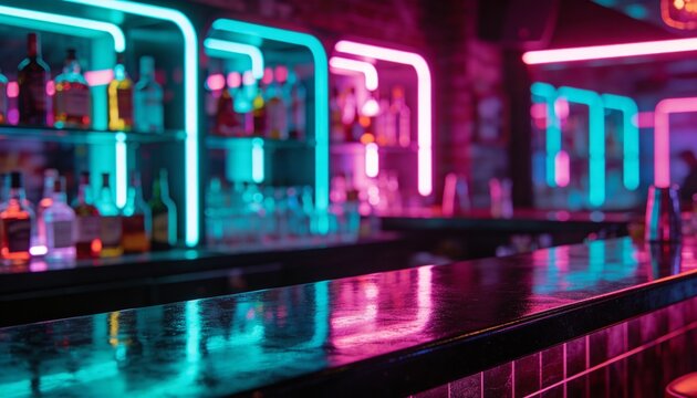 Empty glossy bar counter with blurred vibrant pink and cyan neon lights background