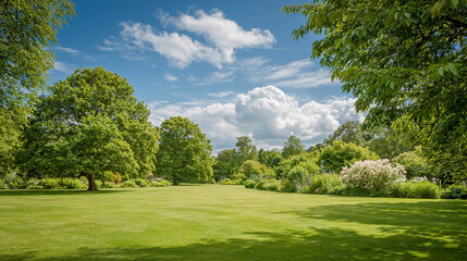 Fototapeta premium Expansive green park lawn surrounded by lush deciduous trees under a bright blue sky with white clouds