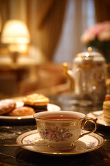 Fototapeta premium Elegant afternoon tea service displaying gourmet pastries and a beautiful teacup in a luxury hotel lounge