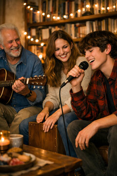  Multi-generational family or group of friends singing karaoke and playing guitar together at home.