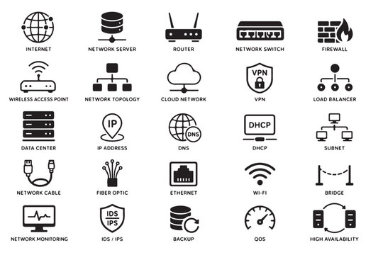 Network infrastructure icon set featuring routers, switches, firewalls, VPN, DNS, DHCP, data centers, cloud networking, fiber optics, and network security symbols. Monochrome vector icons.
