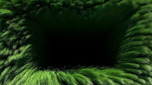 Slow tracking shot of tufted green grass swaying inward toward dark square opening in close up abstract studio setting, macro texture study