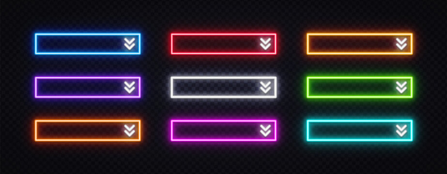 Collection of 9 neon glowing rectangular buttons with chevron arrows on dark background. Vibrant UI elements in multiple colors for web and game design.