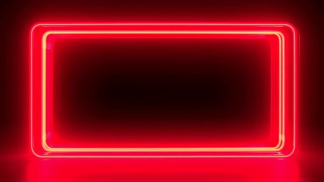 Static shot of glowing neon rectangle pulsing and sliding across reflective floor in dark studio with red light trails and reflections