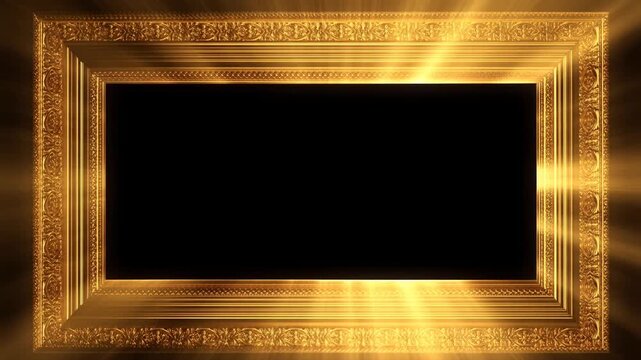 Panning shot across ornate gold picture frames slowly revealing empty black centers on gallery wall with glowing reflective light