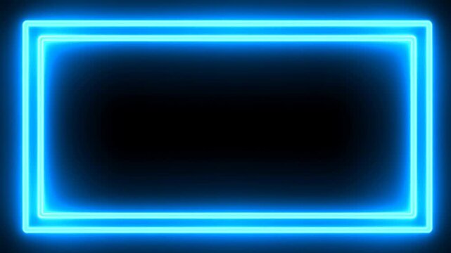 Slow motion pan of neon blue rectangular light frames pulsing across black studio background in horizontal triptych sequence