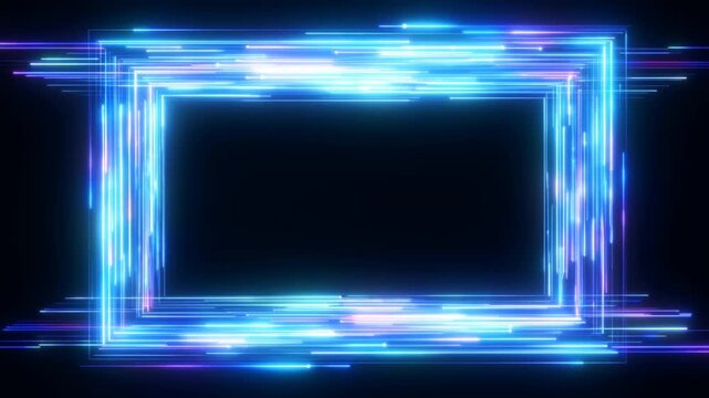 Tracking shot of neon light streaks forming glowing rectangular frame on dark studio background with animated horizontal motion