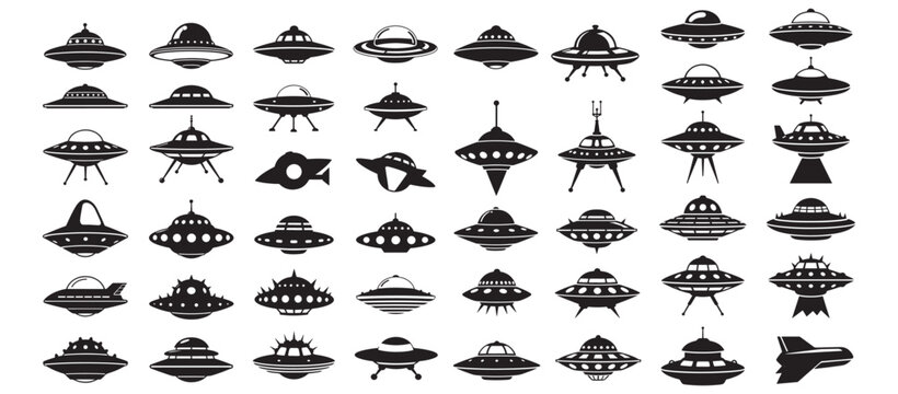 UFO Icons Set - Flying Saucer And Alien Spaceship Silhouettes Collection For Design