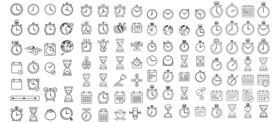 Fototapeta premium Clock And Timer Icon Set Collection — Outline Stopwatches, Hourglasses And Time Symbols For UI