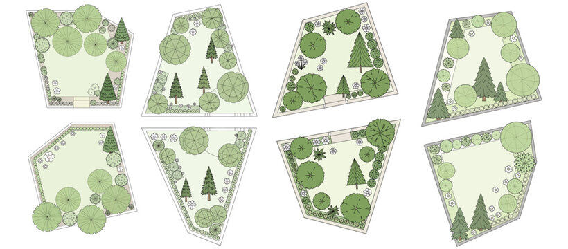 Set of Small Landscape Plans and Garden Layouts Showing Trees and Site Design for Irregular Lots