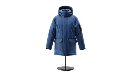 Isolated blue hooded winter jacket on display stand, cozy cold weather outerwear apparel © Aoife