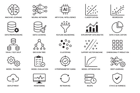Machine learning icon set featuring AI, neural networks, classification, regression, clustering, data preprocessing, model training, MLOps, deployment, and analytics workflow symbols.
