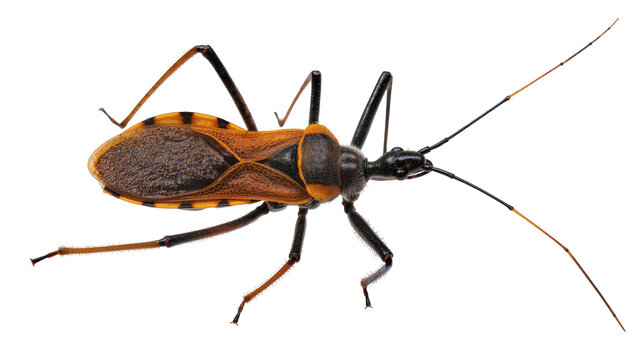 Isolated orange and black true bug insect with long legs and antennae from top view