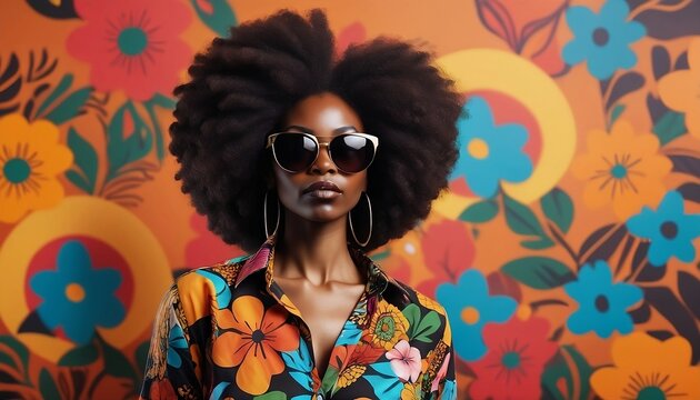A black, african american woman wearing a yellow scarf and red glasses. modern, minimalist, african pop art style poster design. Black history day, black lives matter, african culture, fashion concept