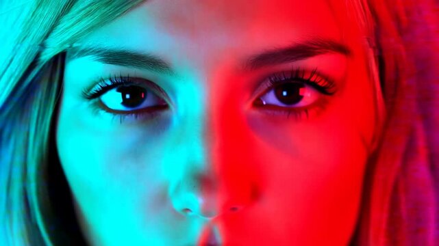 Static close up of woman eyes with rgb split and horizontal glitch effects in studio portrait setting, neon lighting and digital distortion