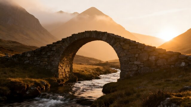Stone arch bridge over stream with mountain backdrop