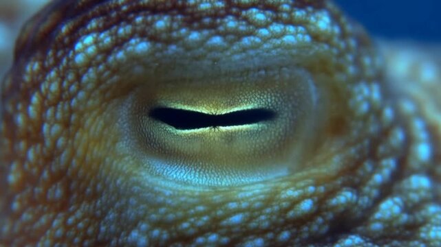 Macro tracking dolly push of octopus eye slowly opening and closing over textured tentacle skin in underwater reef and aquarium setting