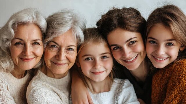 Multigenerational family with great-grandmother, grandmother, mother, daughter, and granddaughter smiling together, showing a beautiful bond and female lineage