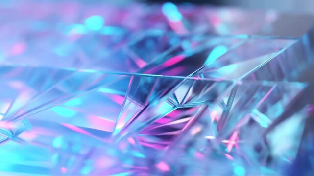Macro tracking slow motion shot of faceted glass prism refracting colorful light across crystal surface in studio tabletop setup