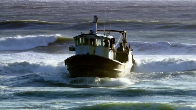 Tracking shot of fishing trawler pitching through rough ocean waves while navigating offshore waters toward distant horizon