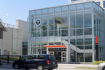 Obraz premium exterior building facade and sign of Mount Dennis Eglinton Line 5 station, Toronto
