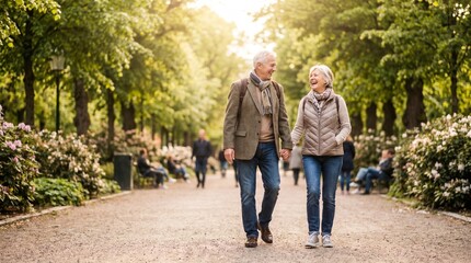 Obraz premium Active Senior Couple Walking Together in Urban Park