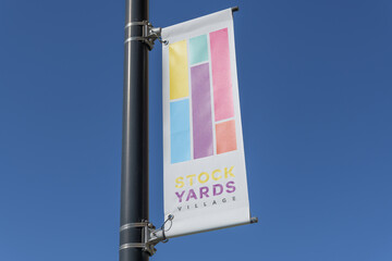 Naklejka premium pole-mounted projecting banner at Stock Yards Village, a shopping mall, located at 1980 St Clair Av W / 30 Weston Rd, Toronto
