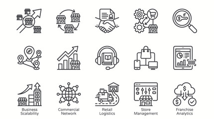 Fototapeta premium Set of 15 outline icons representing business scalability, commercial networks, retail logistics, store management, and franchise analytics