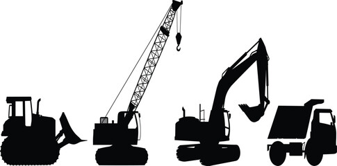 Construction heavy machinery silhouette vector set, excavator crawler crane dump truck, bulldozer engineering building equipment, isolated black machine illustrations, © RABBI