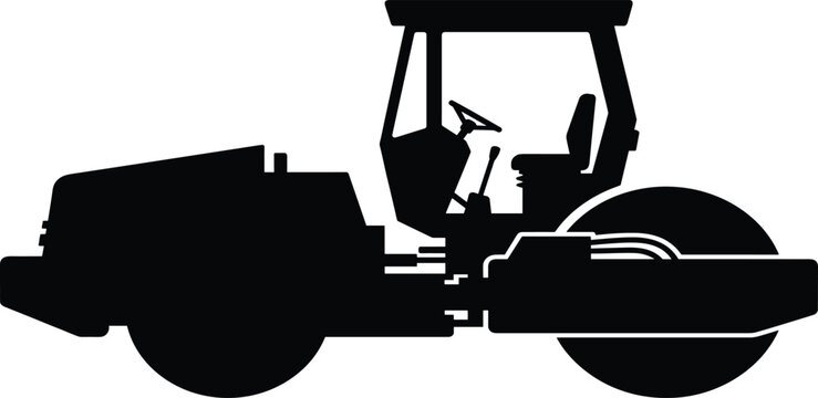 Construction road roller silhouette vector illustration, heavy engineering industrial vehicle icon, asphalt compaction building machinery, isolated black graphic element,