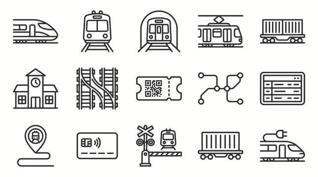 Set of railway and train line icons locomotive, subway, cargo, station, ticket, and navigation symbols