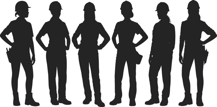 Female construction workers silhouette vector set, women builder contractor icons, carpenter maintenance team graphics, hard hat isolated black illustrations,