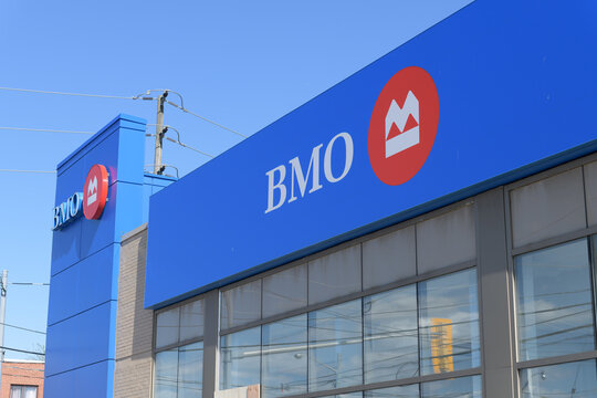 exterior building facade and sign of BMO Bank of Montreal located in SmartCentres, 2471 St Clair Av W, Toronto