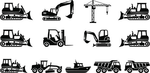 Construction heavy machinery silhouette vector set, excavator bulldozer dump truck icons, industrial building equipment graphics, forklift crane isolated black illustrations, © RABBI